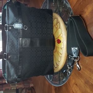 💘🖤💘 VINTAGE COACH BLACK XL F77156 SIGNATURE JACQUARD VINTAGE LEATHER TOTE BAG